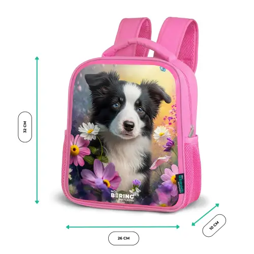 zwart witte puppy tussen kleurrijke bloemen Kinderrugzak - Roze middel -productfoto_formaten