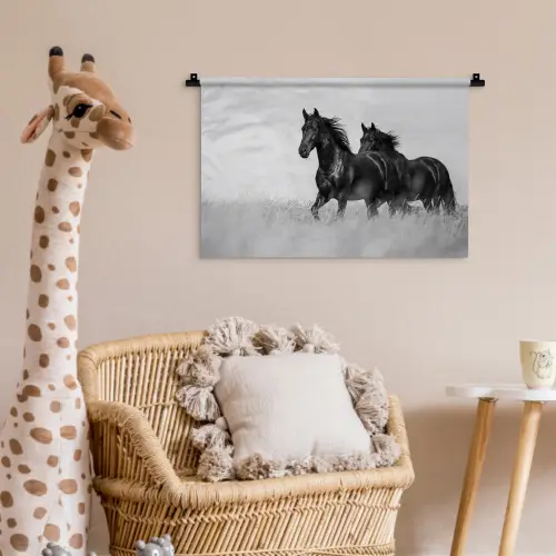 Paarden - Gras - Zwart - Wit Wandkleed katoen klein -wsfeer5_kind