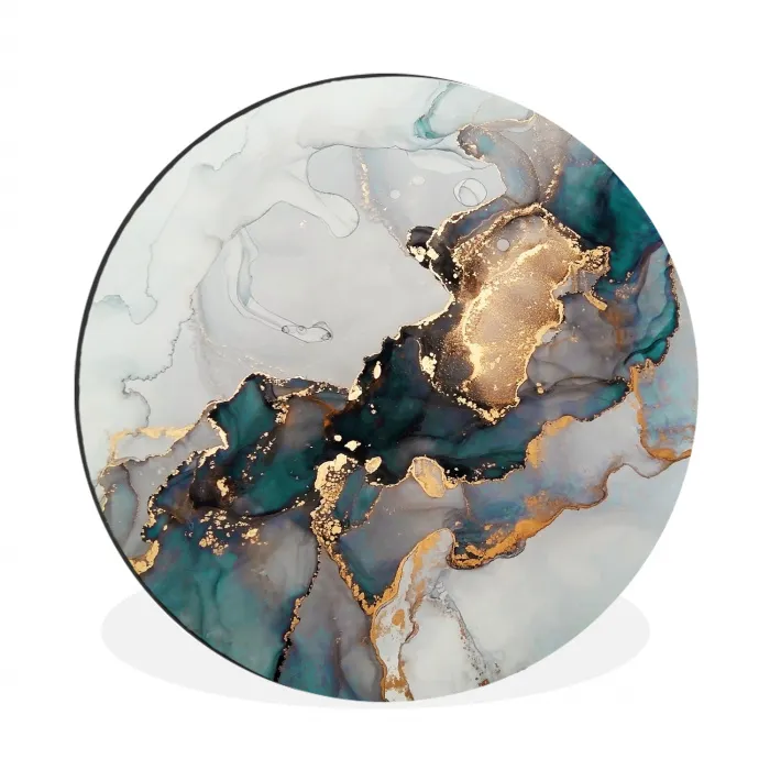 Blauw - Marmer - Goud Wandcirkel aluminium klein -3d