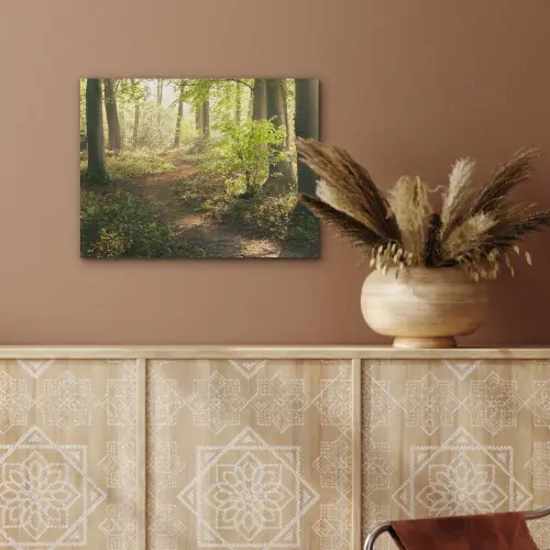 Bos - Bomen - Pad - Zon - Planten - Bladeren - Natuur PET vilt klein -sfeer4