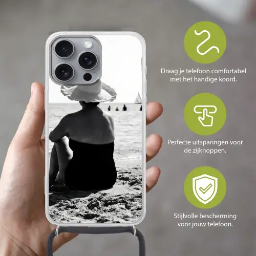 Vrouwen - Zonnehoed - Strand - Zwart - Wit Hoesje iPhone 16 Pro Max met koord klein -sfeer2_NL