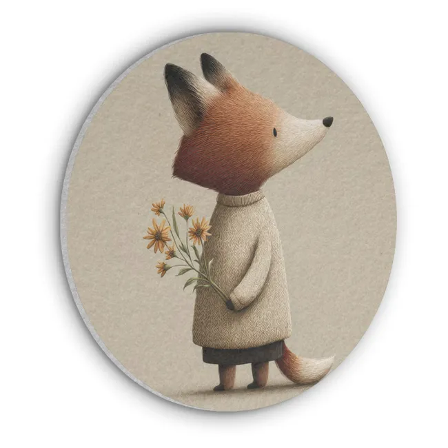 Akoestisch schilderij rond - Vos - Gele bloemen - Minimalistisch