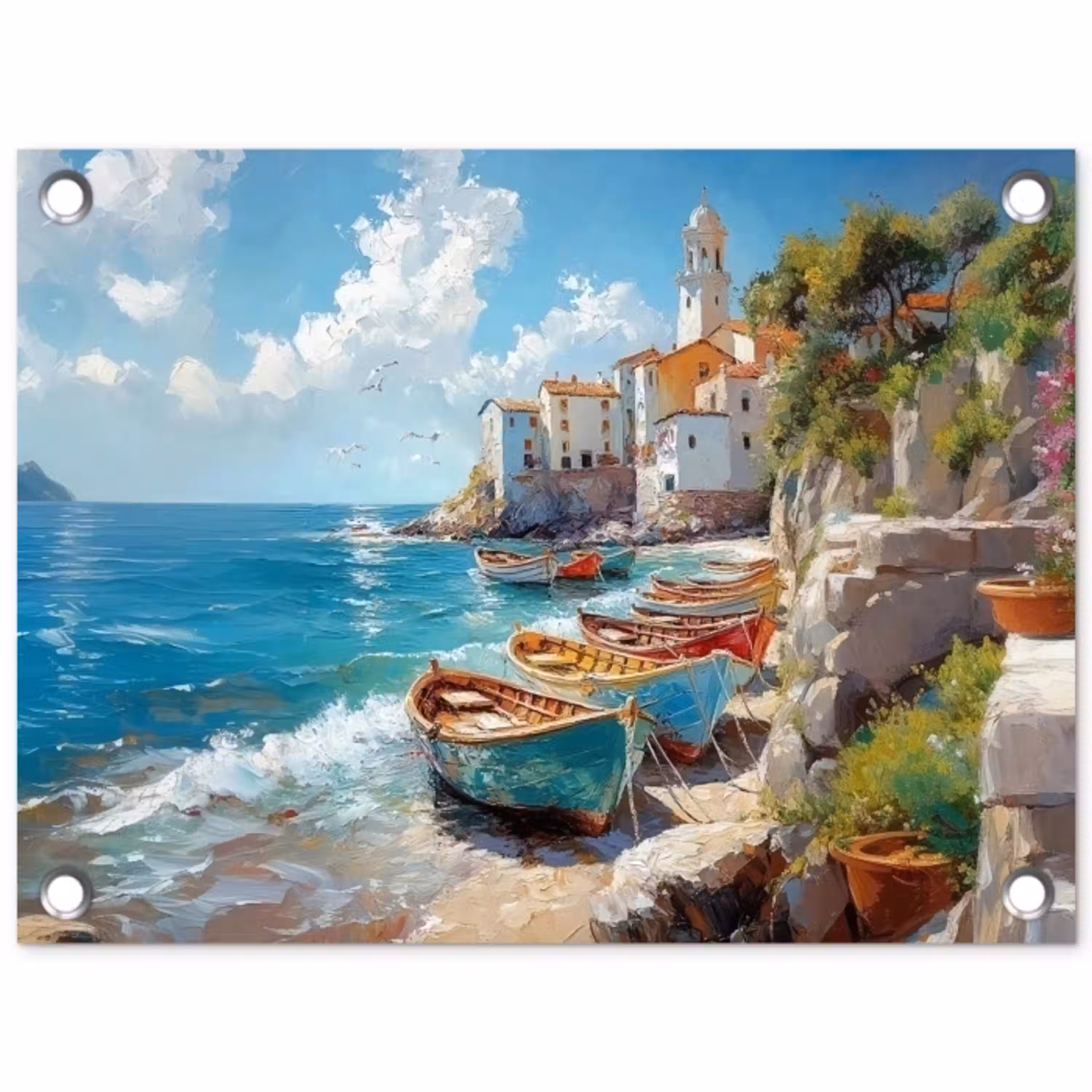 Boten - Rotsen - Zee - Zon tuinposter los doek klein -3d