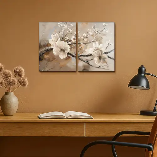 Bloesem - Beige - Abstract - Bloemen Canvas - Meerluiken 2 luik klein -sfeer5
