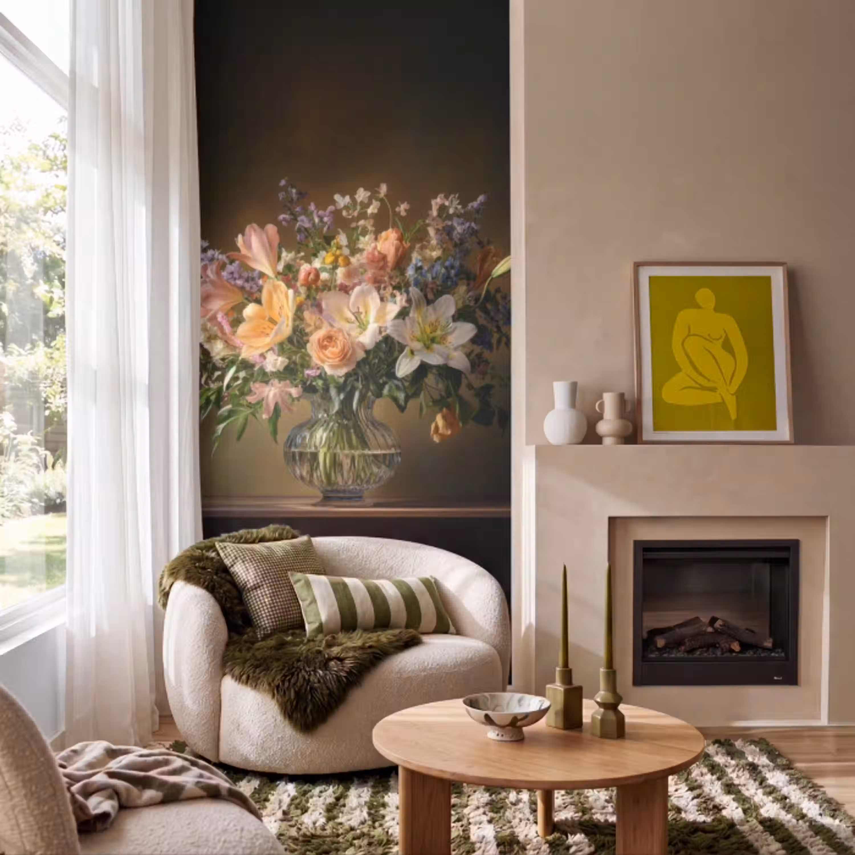 Glazen - Bloemen - Boeket - Kleuren Behang Vlies klein -sfeer2
