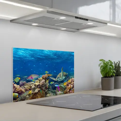 Onderwaterlandschap - Vissen - Schildpad - Blauw keuken achterwand spatscherm klein -3d_schuin