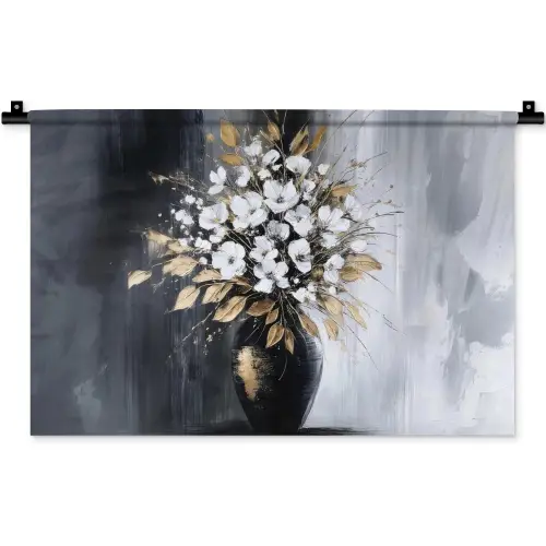 Bloemen - Wit - Vaas - Abstract Wandkleed katoen klein -zz3d