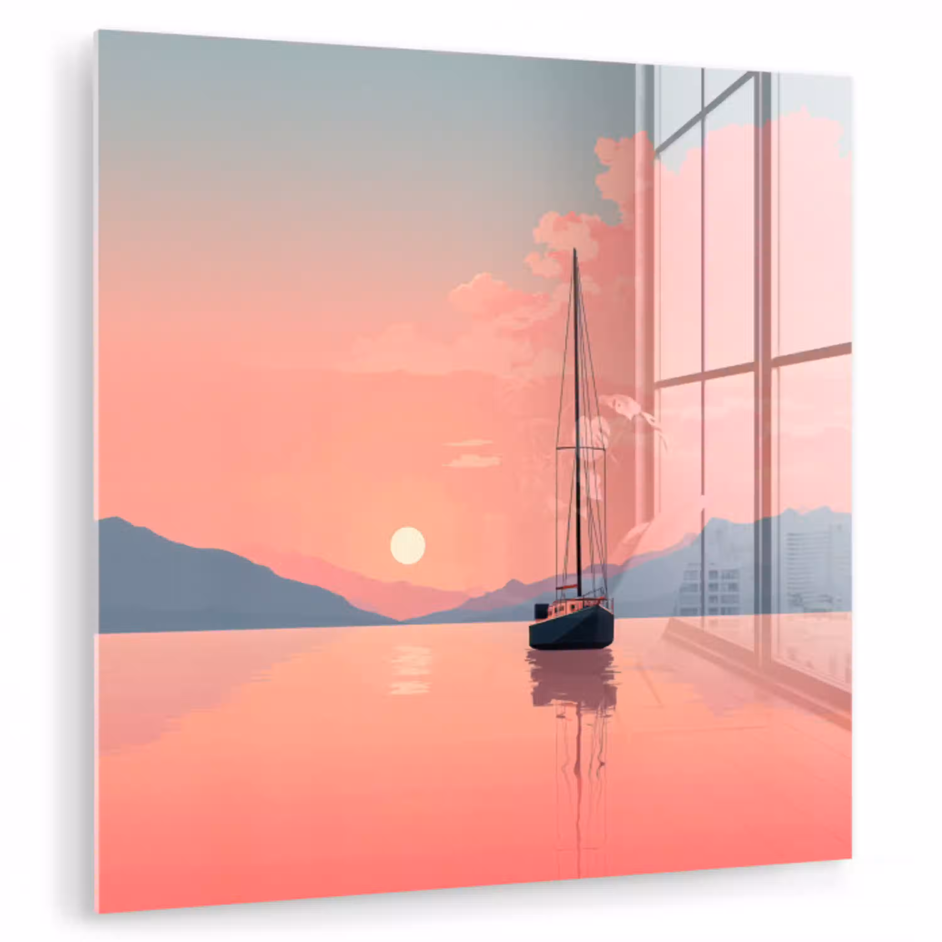 Zeilboot - Roze zee - Zonsondergang - Bergen plexiglas 5mm klein -zzzproduct_nieuw
