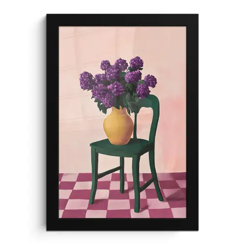 Stoel - Vaas - Bloemen - Geblokt fotolijst zwart zonder passe partout klein -3d