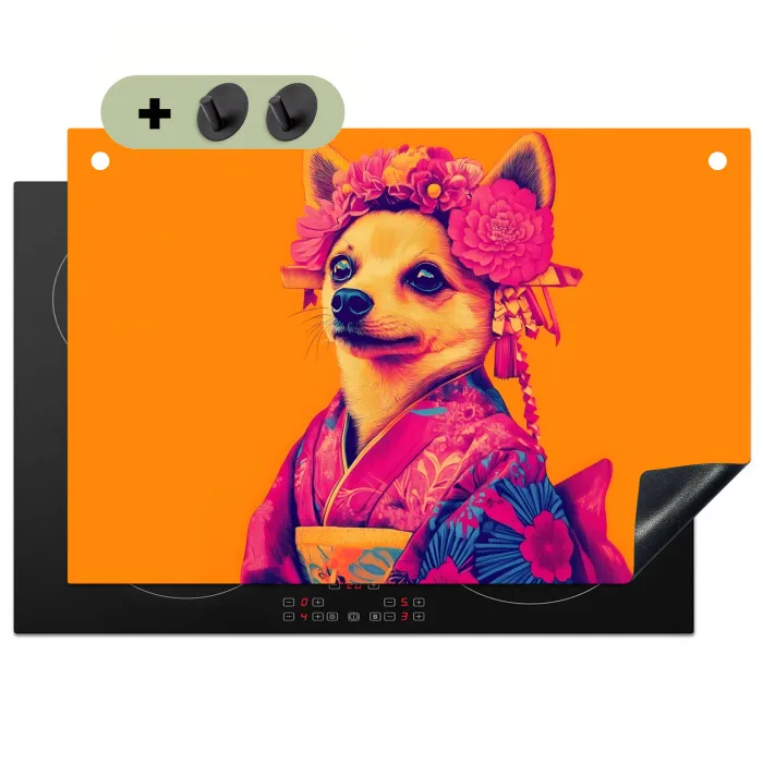 Kimono - Hondje - Bloemenkroon - Oranje Inductie beschemer met haakjes klein -3d