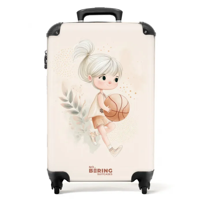 Meisje met een basketbal in neutrale kleuren. NBS - Handbagage koffer - Kinderen Unisex middel -productfoto_recht