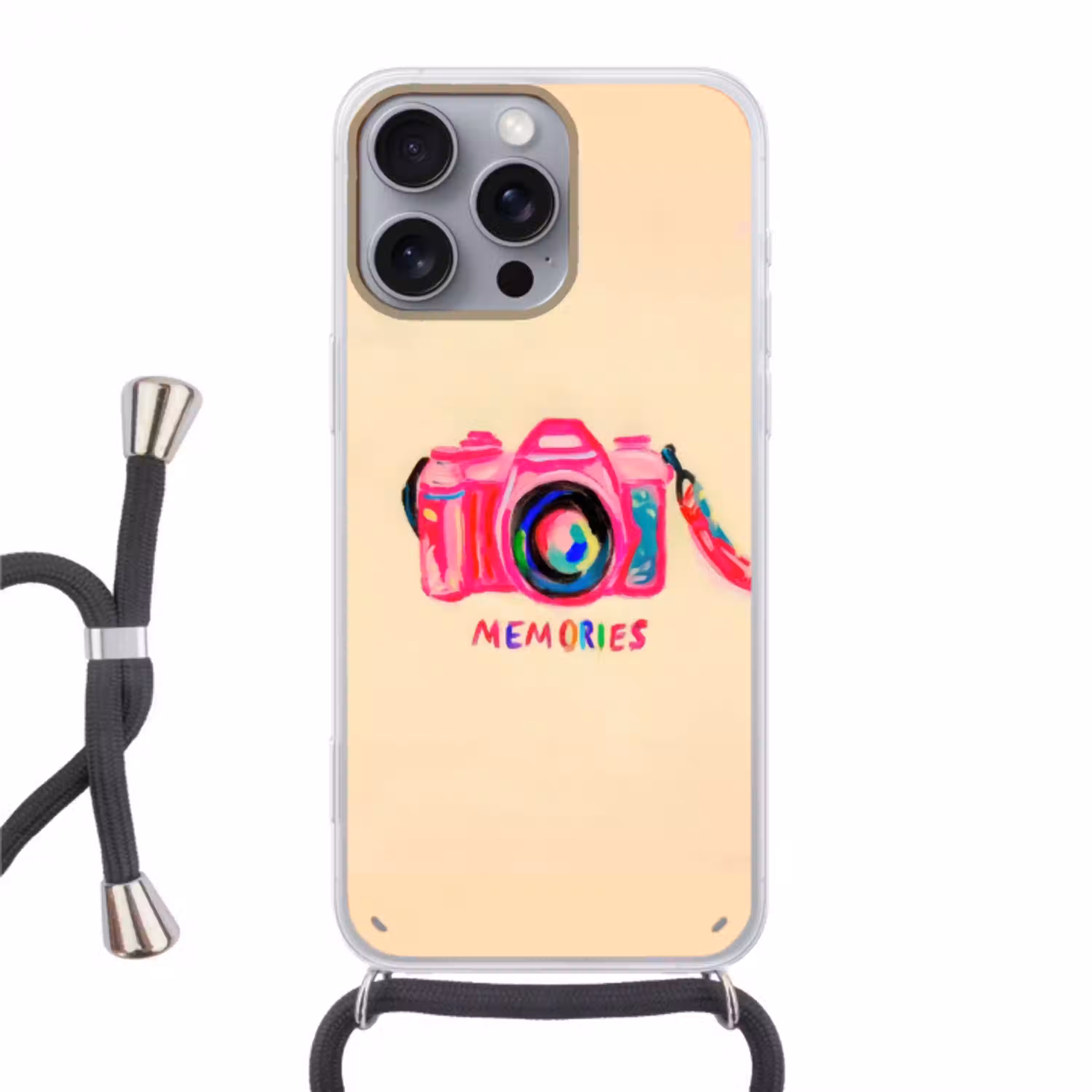 Camera - Memories - Roze - Geschilderd Hoesje iPhone 16 Pro Max met koord klein -3d