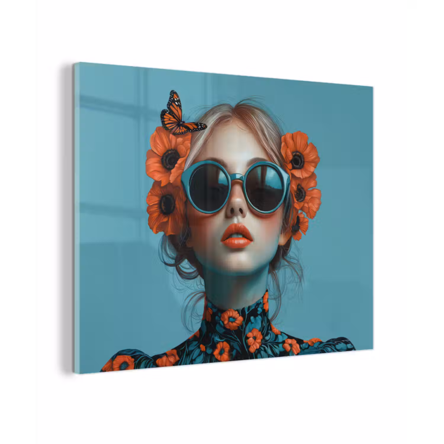 Glas schilderij - Vrouw - Blauw - Vlinder - Bloemen - Aesthetic