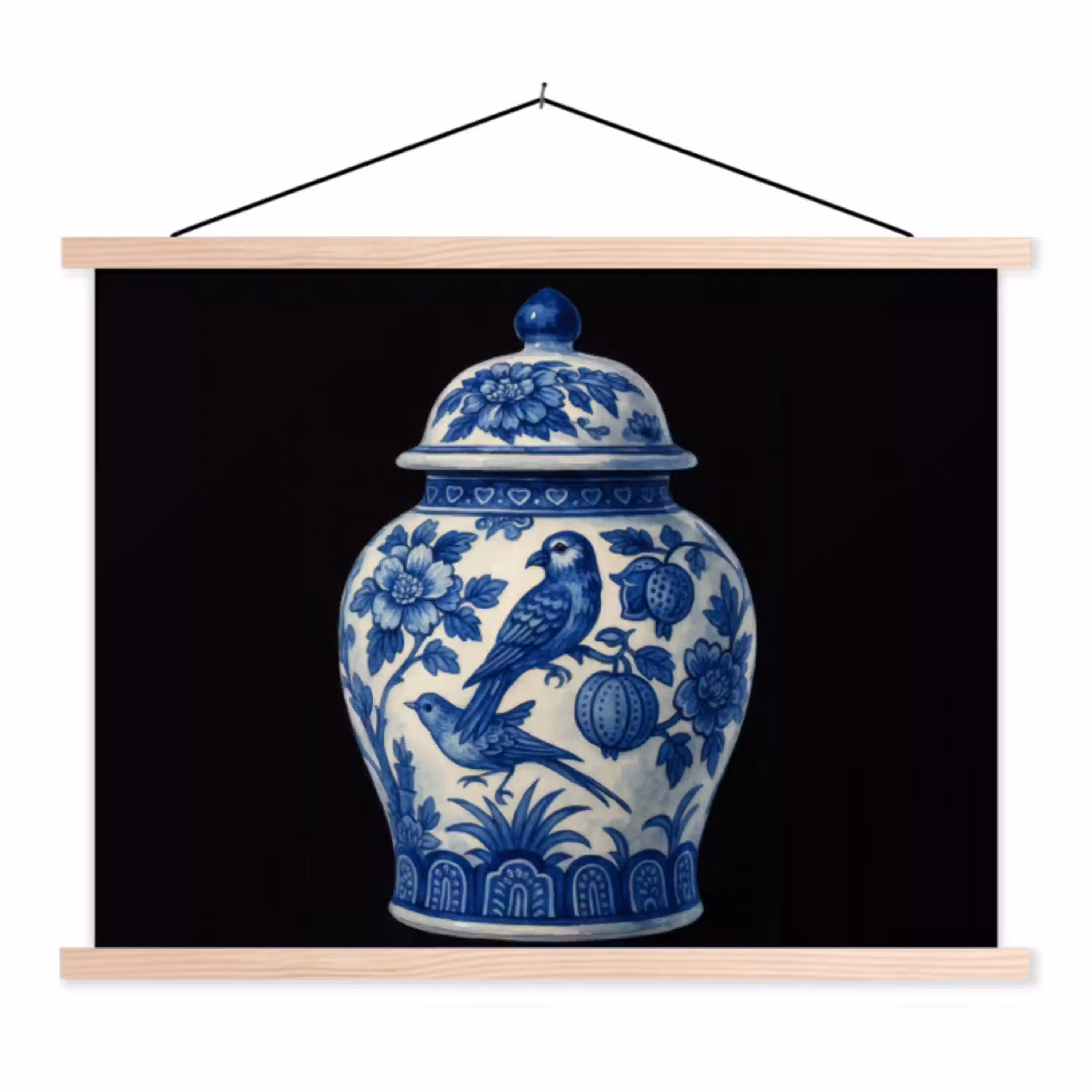 Pot - Delfts Blauw - Bloemen textielposter latten blank klein -3d