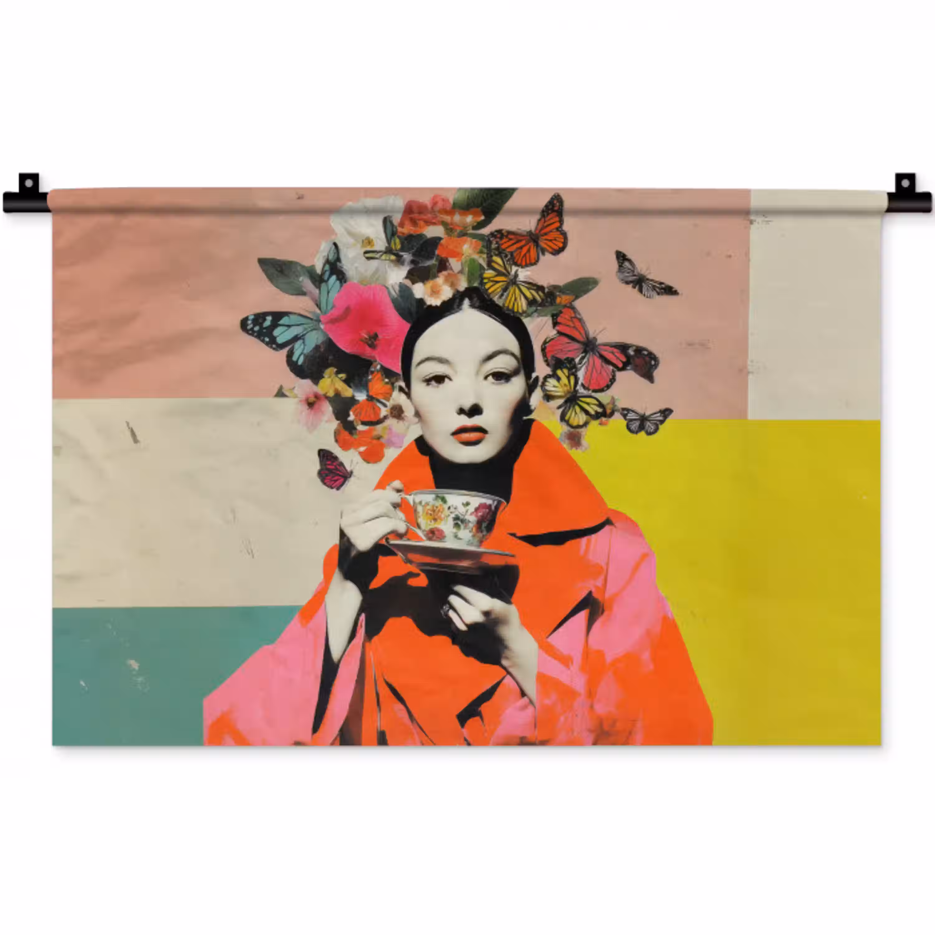 Retro - Vrouw - Kopje - Vlinders Wandkleed katoen klein -zz3d