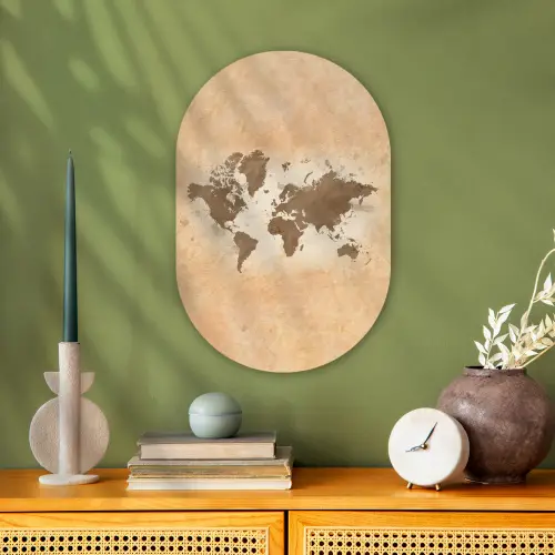Wereldkaart - Beige - Bruin Wandcirkel Ovaal Forex klein -sfeer2