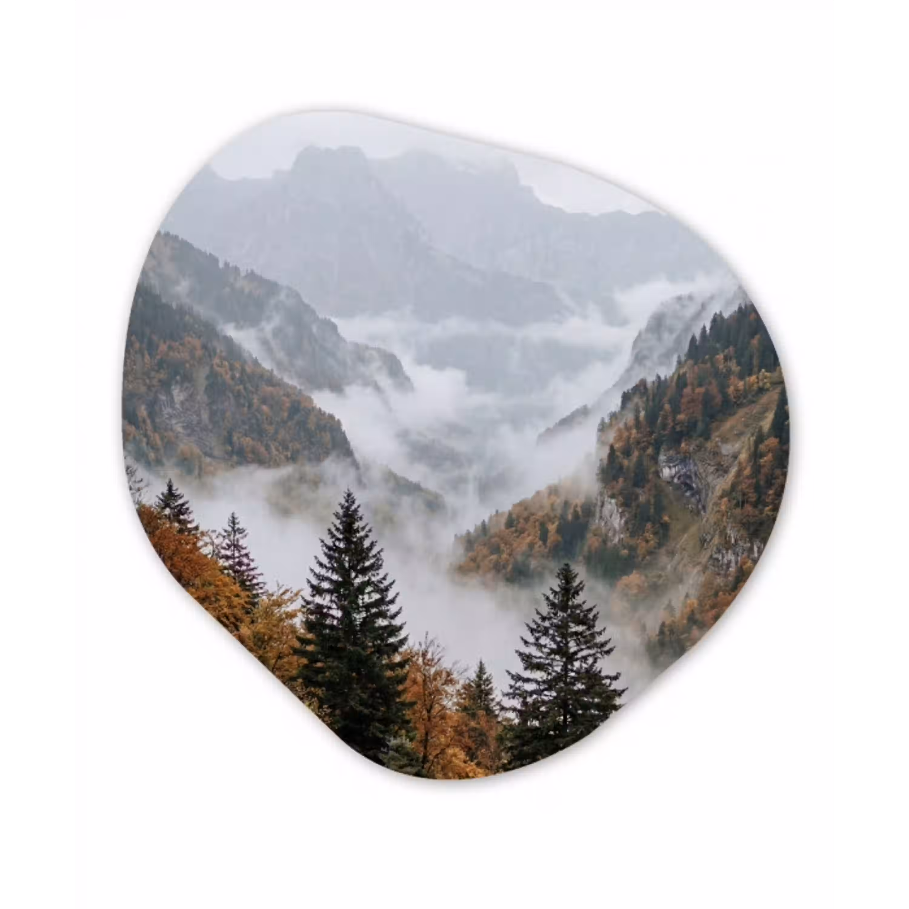 Bergen - Vallei - Mist - Herfst - Natuur Wandcirkel Organisch Aluminium middel -3d