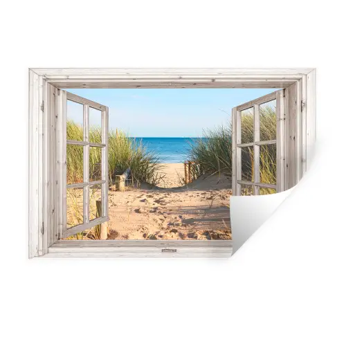 Doorkijk - Strand - Zee - Duinen - Zand - Water - Helmgras Muursticker klein -3d