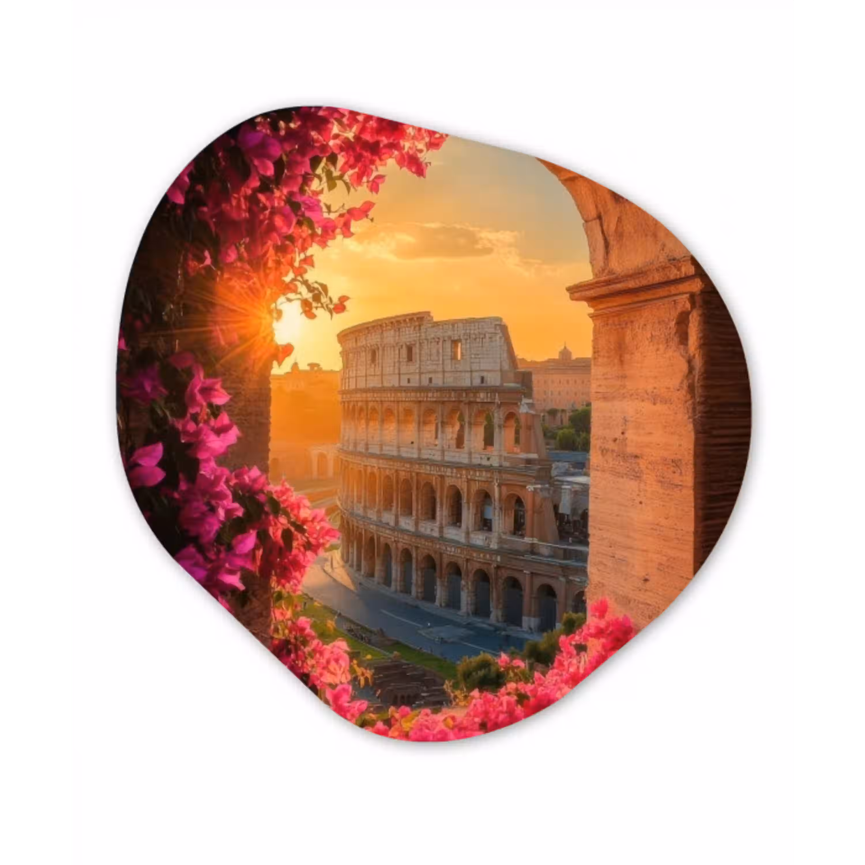 Colosseum - Rome - Roze Bloemen Wandcirkel Organisch Aluminium middel -3d
