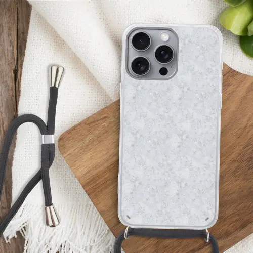 Grijs - Terrazzo-effect - Beton Hoesje iPhone 16 Pro Max met koord klein 804 -sfeer4