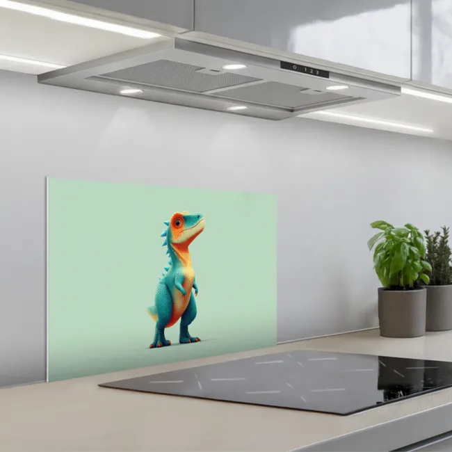 Cartoon - Dino - Oranje - Stekels keuken achterwand spatscherm klein -3d_schuin