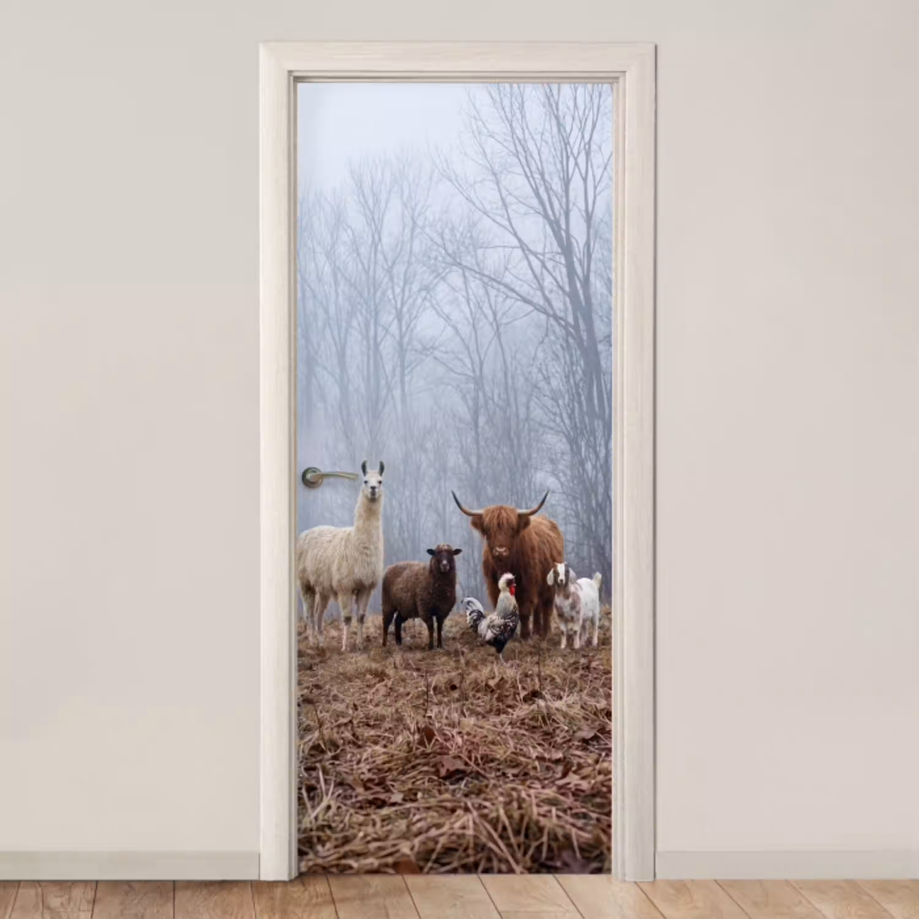 Boerderijdieren - Groep - Mist - Natuur - Rustiek deurposter klein -3d_beige