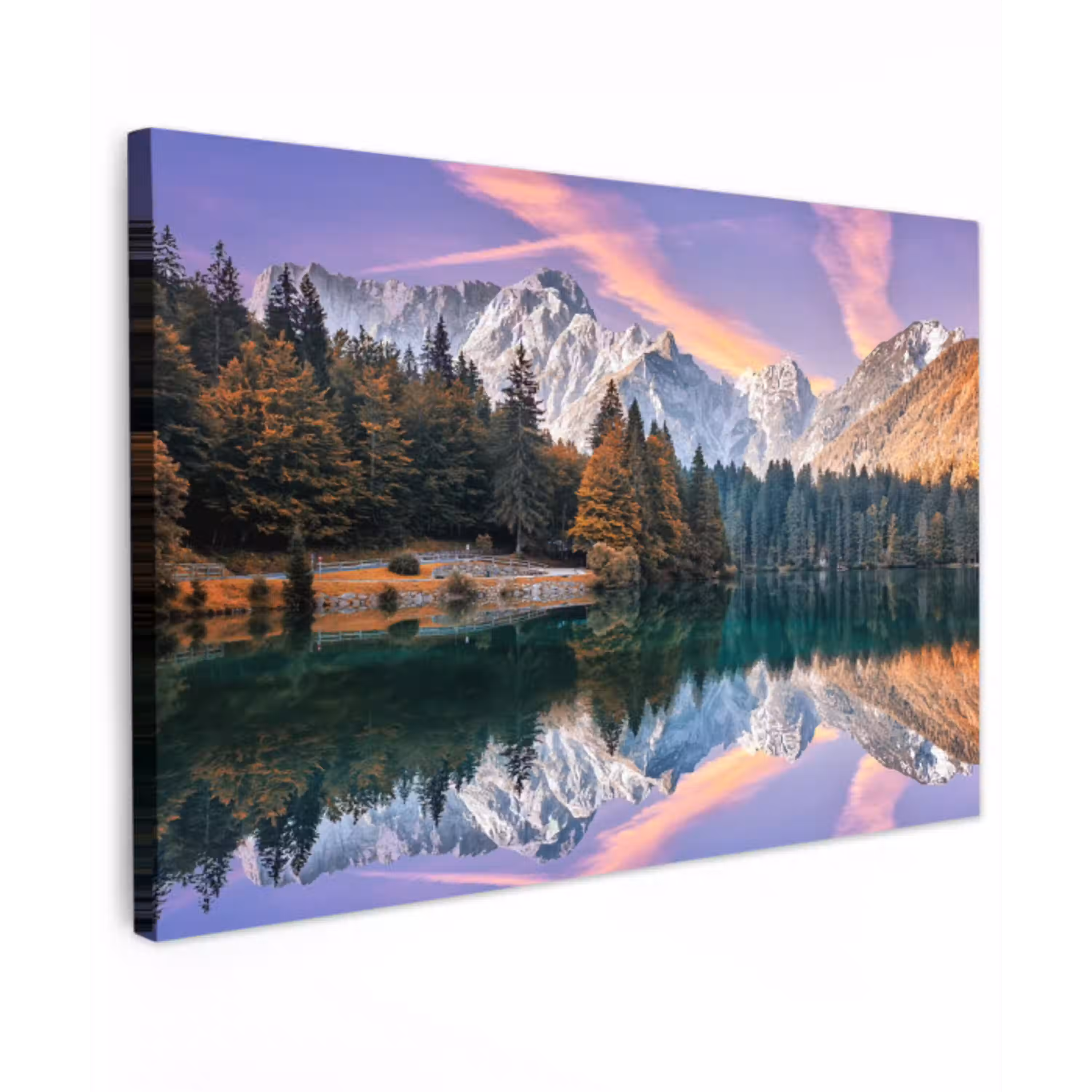 Bergen - Bos - Water - Lucht - Roze - Paars Tuinposter op houten frame 2 cm dik klein -3d