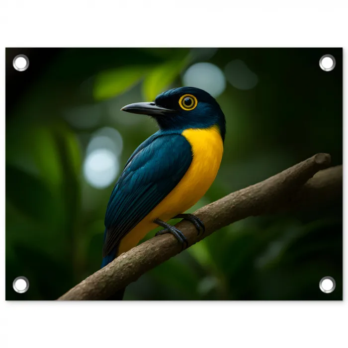 Vogel - Tak - Geel - Bladeren tuinposter los doek klein -3d