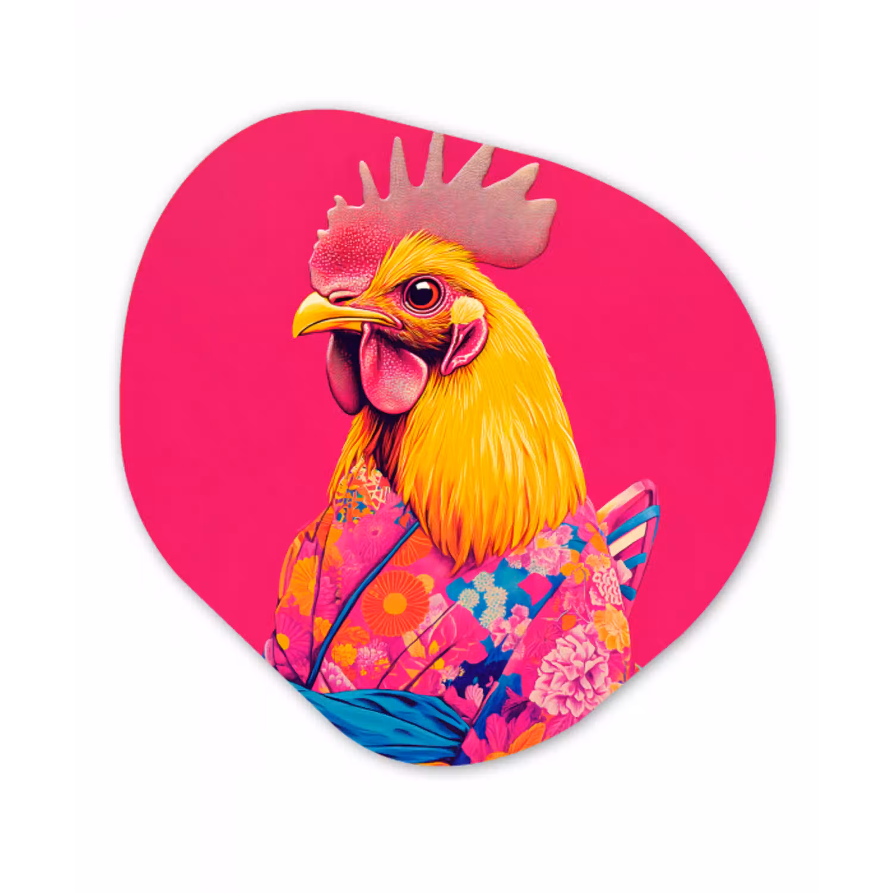 Haan - Kleurrijk - Kimono - Roze Wandcirkel Organisch Aluminium middel -3d