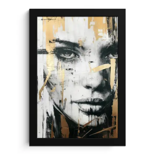 Portret - Vrouw - Penseelstreken - Goud fotolijst zwart zonder passe partout klein -3d