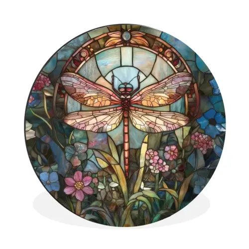 Libelle - Mozaïek - Bloemen - Kleurrijk Wandcirkel aluminium klein -3d