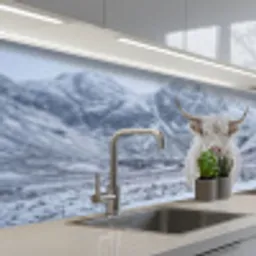 Schotse Hooglander - Sneeuw - Bergen - Winter keuken achterwand 2 middel -3d_schuin