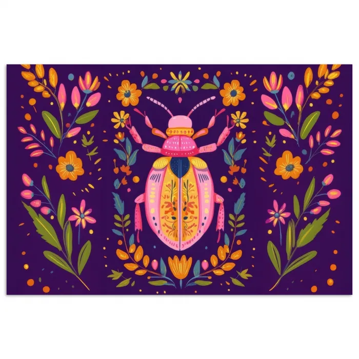 Kever - Felgekleurd - Bloemen - Bladeren poster papier klein -3d