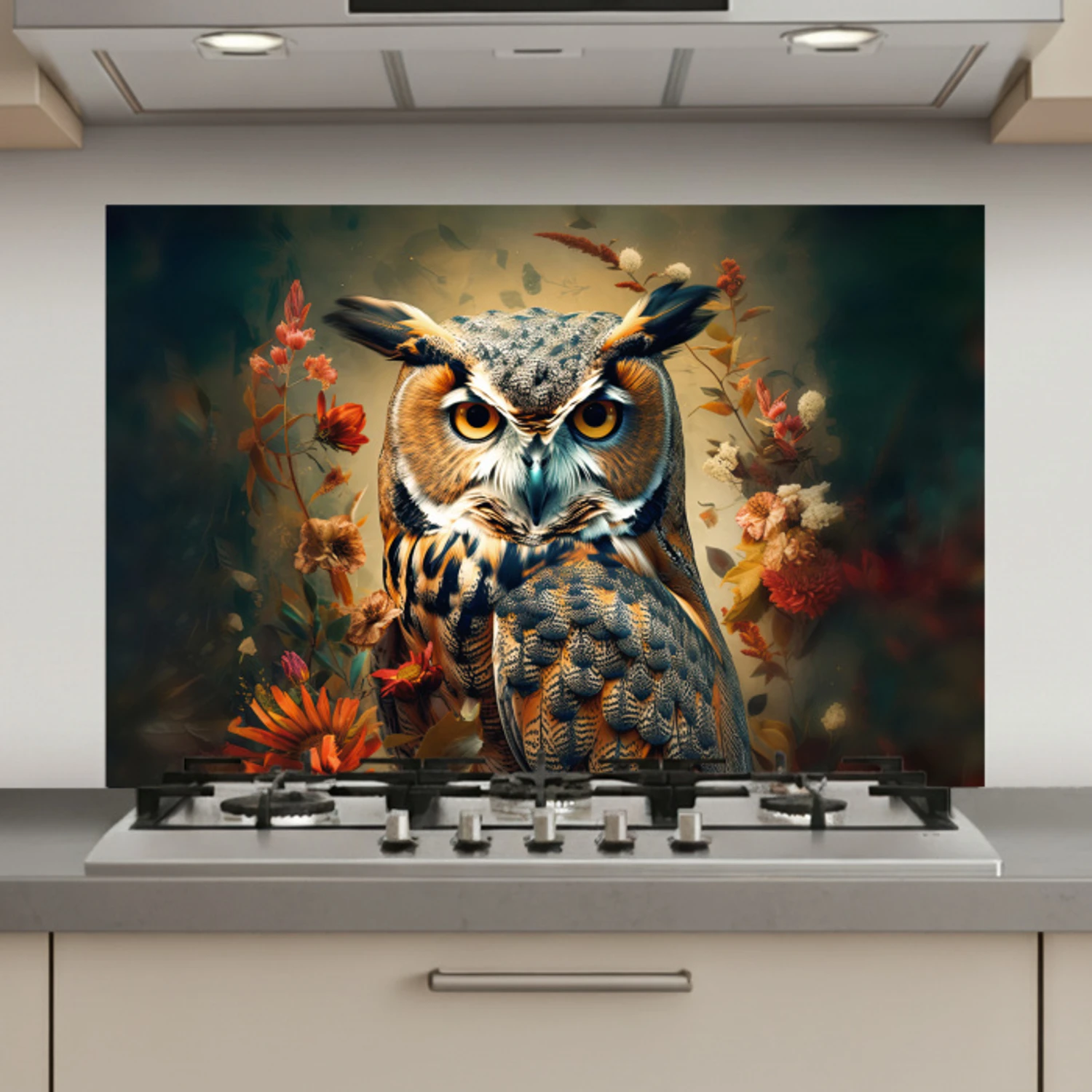 Uil - Vogel - Bloemen - Planten - Botanisch keuken achterwand spatscherm klein -3d_website