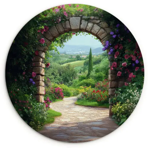 Doorkijk - Landschap - Bloemen - Pad - Uitzicht Wandcirkel kunststof plaat 5mm dik klein -3d