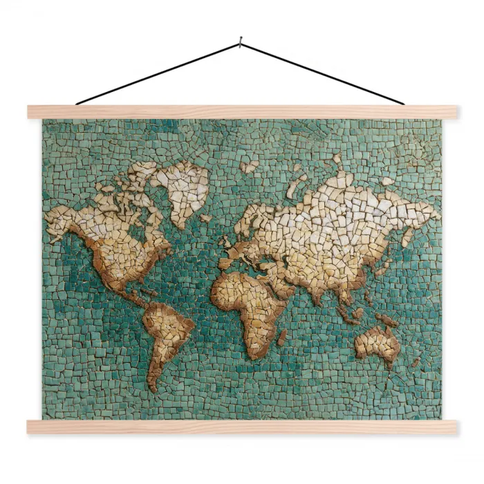 Wereldkaart - Gebroken tegels - Mozaïek textielposter latten blank klein -3d