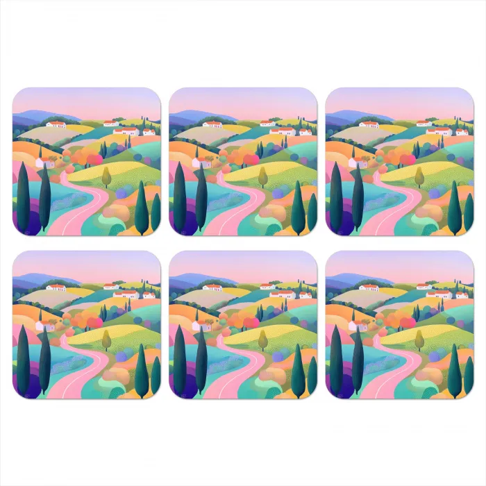 Landschap - Paars - Pastel - Huizen onderzetter kurk middel -3d