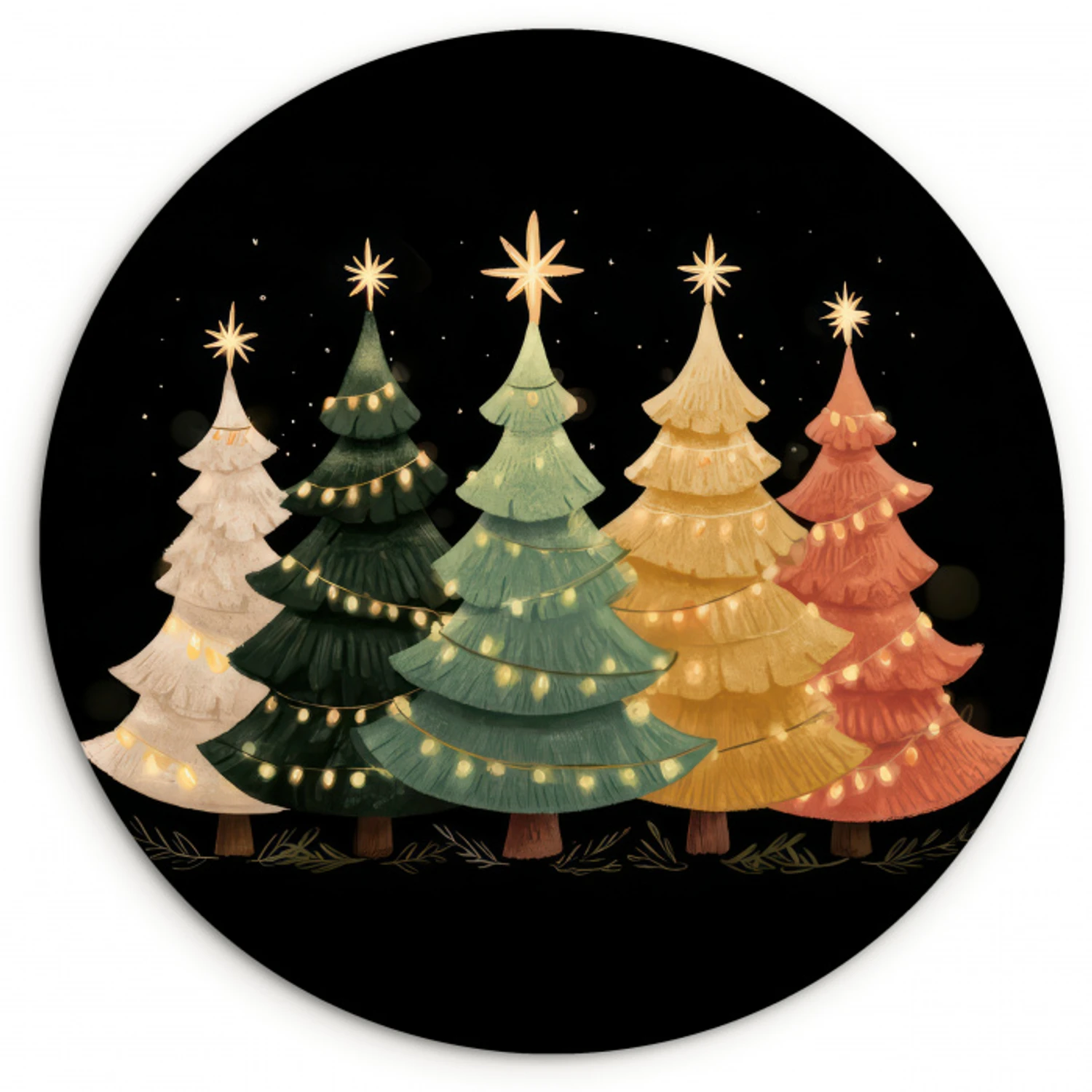 Kerstbomen - Kleurrijk - Lichtjes - Ster Wandcirkel kunststof plaat 5mm dik klein -3d