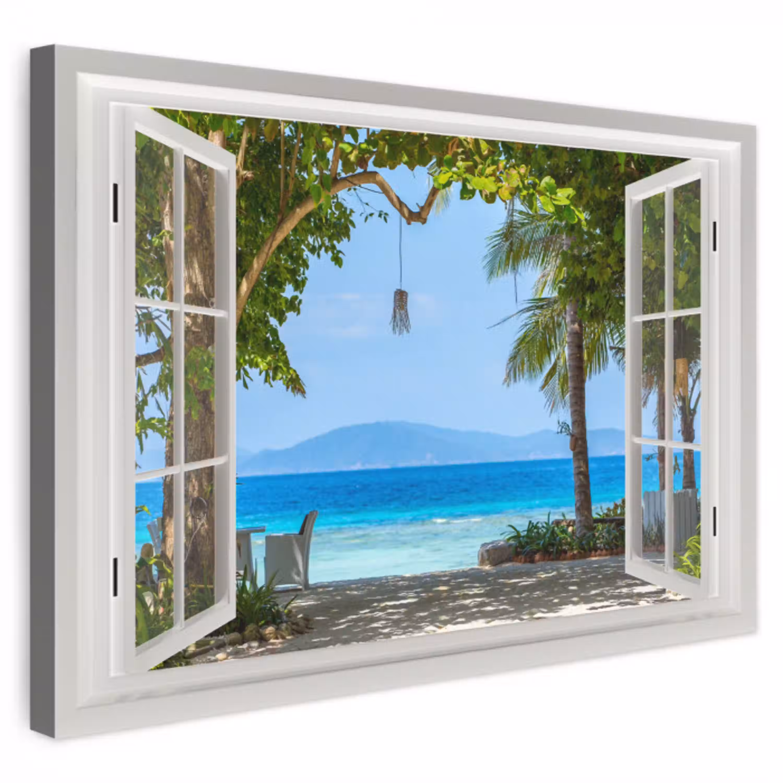 Doorkijk - Boom - Zee - Palmboom - Heuvels - Strand - Blauw canvas 2cm klein -3d