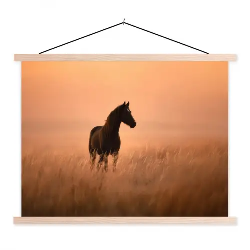 Paard - Grasveld - Zonsondergang textielposter latten blank klein -3d