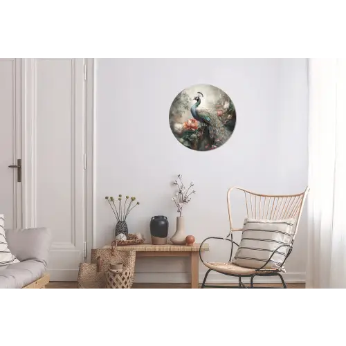 Pauw - Pauwenveren - Vogel - Jungle - Bloemen Wandcirkel aluminium klein -woonkamer