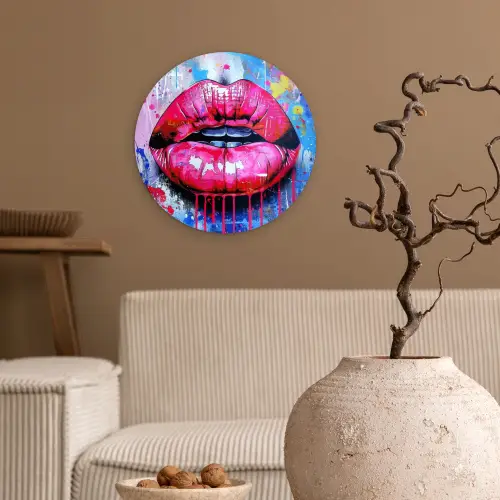 Graffiti - Lippen - Felroze - Geschilderd Wandcirkel kunststof plaat 5mm dik klein -sfeer1