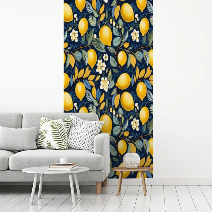 Citroenen - Bloemen - Bladeren - Blauw fotobehang vinyl groot 64 -woonkamer