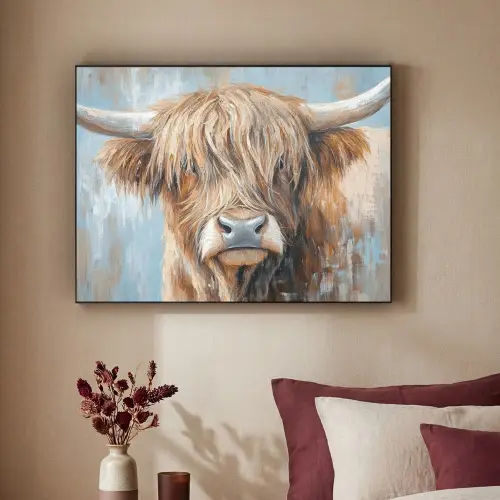 Schotse hooglander - Dieren - Koe - Street art Textielframe zwart klein -sfeer1