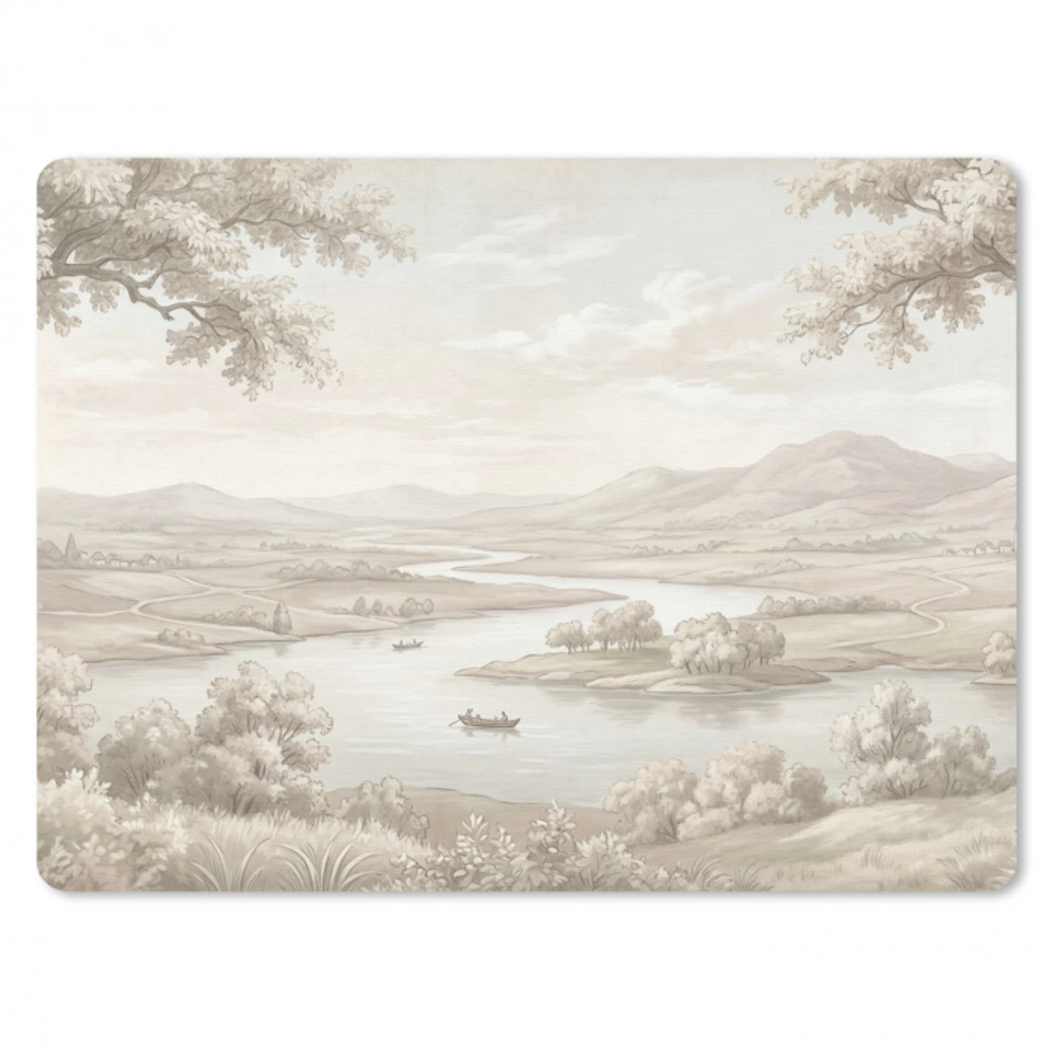 Rivierlandschap - Bergen - Natuur - Vintage - Beige muismat rubber klein -3d