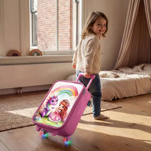 Meisje met paarse draak onder regenboog Kinderkoffer - Roze klein -sfeer1