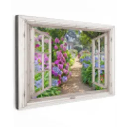Hortensia - Doorkijk - Bloemen - Zomer - Paars - Pad Tuinposter op houten frame 2 cm dik klein -3d