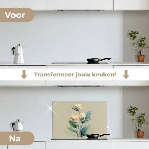 Paradijsvogelbloemen - Blauwgroene bladeren - Beige keuken achterwand spatscherm klein -voor_na_NL