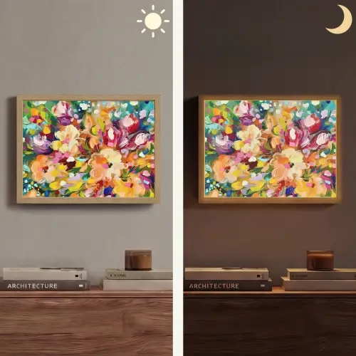 Schilderij - Olieverf - Bloemen - Regenboog Light Box met batterij (Wandlamp) middel -sfeer3