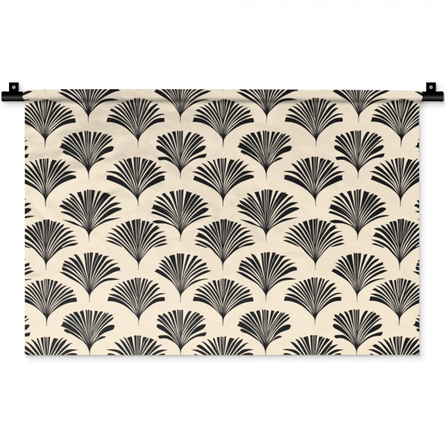 Waaiers - Botanisch - Zwart - Beige Wandkleed katoen klein 269 -zz3d
